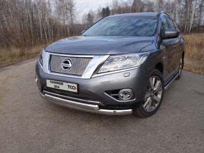 Защита передняя овальная двойная 75-75 мм ТСС для Nissan Pathfinder 2014-2021